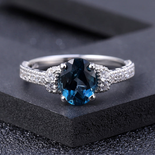Light Luxury Natural London Blue Topaz Ring Fashion High-Grade Temperament925Silver Inlaid Natural Gemstone Ring
