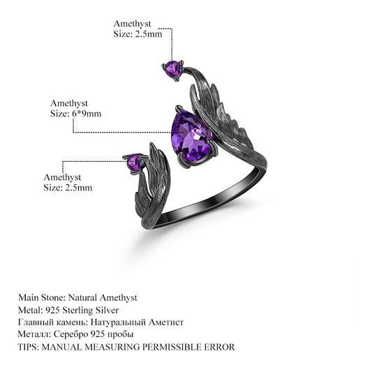 Designer High-End Dark Retro Style Open Ring Italian Craftsmanship s925Silver Natural Amethyst Ring