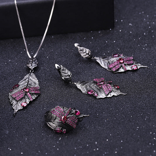 Autumn Leaf Dragonfly Designer High-End Jewelry Set 925Silver Natural Gemstone Ring Earrings Pendant