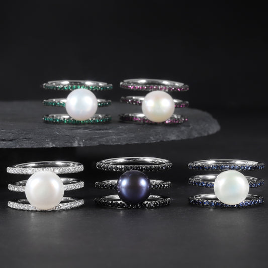 S925Sterling Silver Inlaid Natural Freshwater Pearl Ring Fashionable Light Luxury High-end Three-ring Set Ring