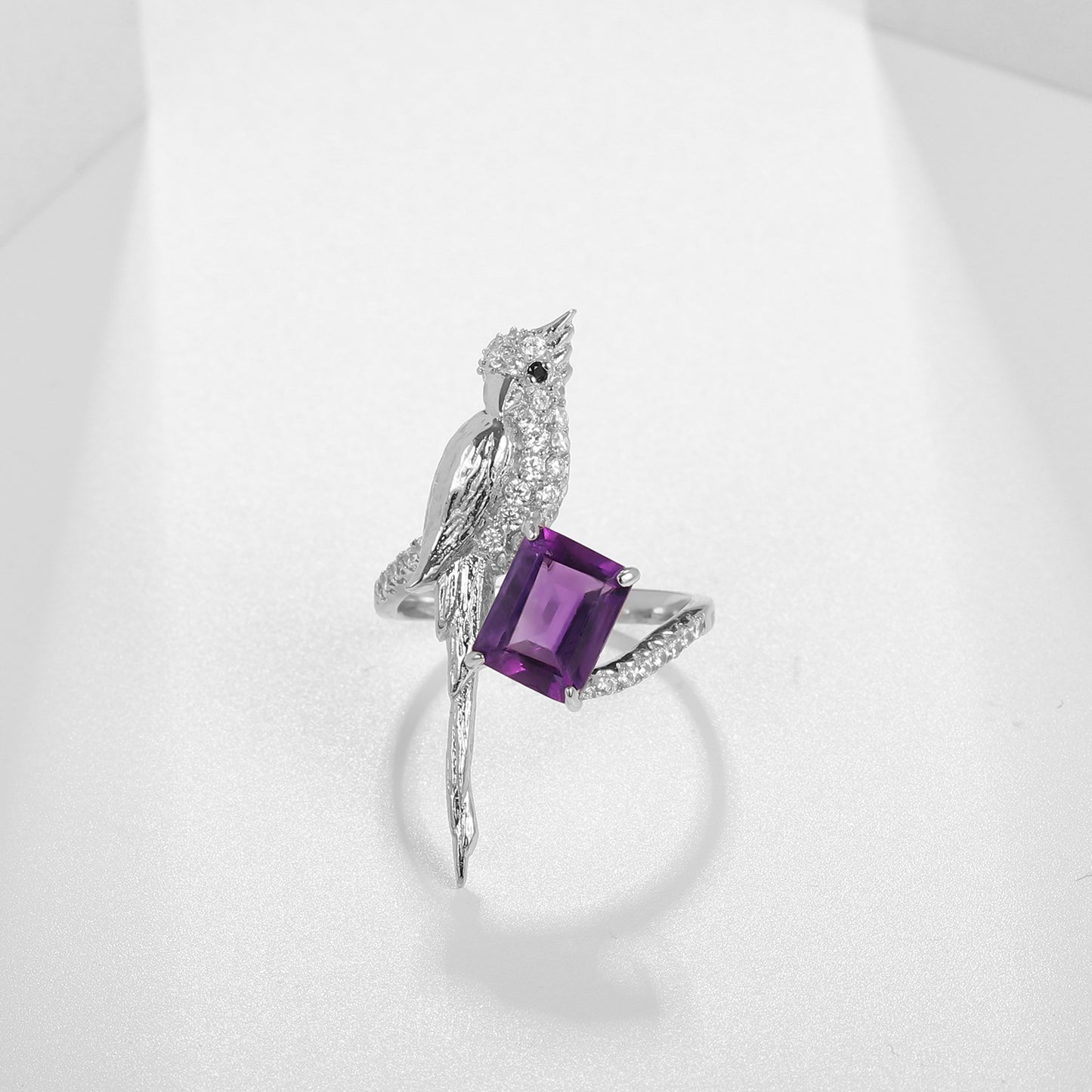 Designer High-End Natural Gemstone Ring Bird Design s925Silver Inlaid Natural Amethyst Ring