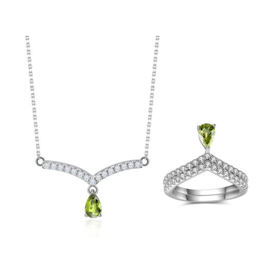 Fashion V Zi Cai Bao Jewelry Set Natural Peridot Garnet s925Sterling Silver Ring Necklace Sapphire Set