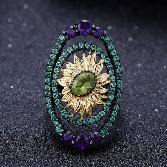 Designer Vintage Floral Ring Italian Craftsmanship Natural Style Sunflower925Silver Natural Colored Gems Ring