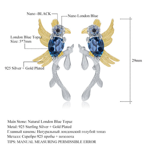 Italian Craft Earrings Natural Style Magpie s925Silver Natural London Blue Topaz Earrings Russia