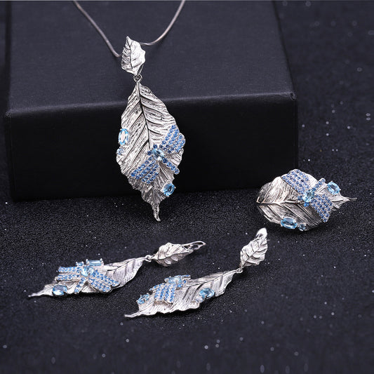 Autumn Leaf Dragonfly Designer Niche Jewelry Set s925Silver Natural Gemstone Ring Earrings Pendant