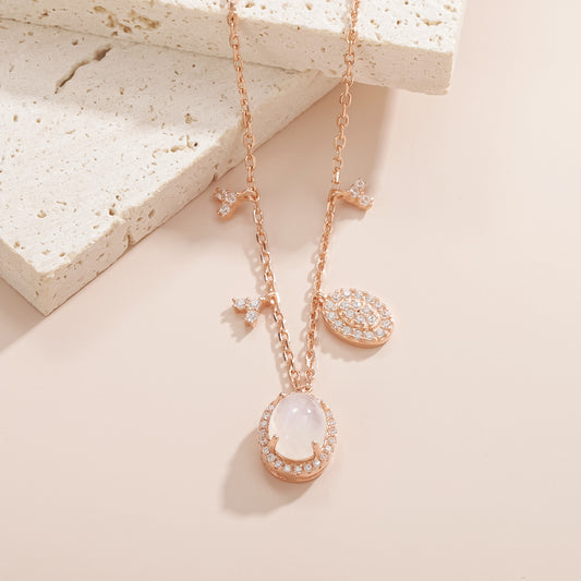 Personality s925Sterling Silver Clavicle Chain Plated18k Rose Gold2ct Natural Gemstone Niche Design Moonstone Necklace