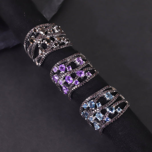 Luxurious natural topaz ring unique s925Silver Cluster Inlaid Purple Crystal Tea Crystal Gemstone Ring Niche Design
