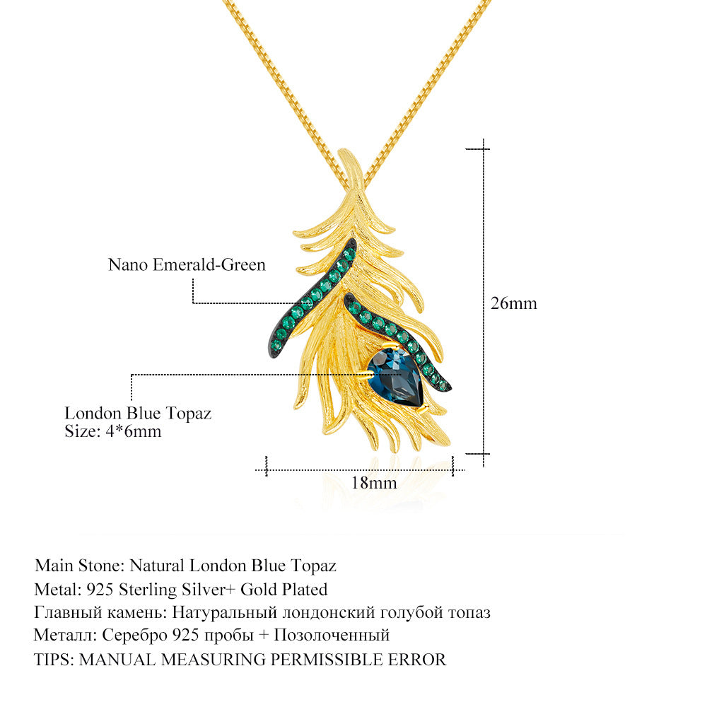 Designer High-End Pendant Phoenix Feather Design925Silver Inlaid Natural Topaz Necklace Pendant