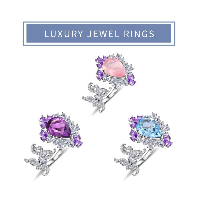 Original Design Natural Topaz Stone Open Ring s925Silver Inlaid Pink Crystal Large Main Stone Cross-border Gorgeous Ring for Women