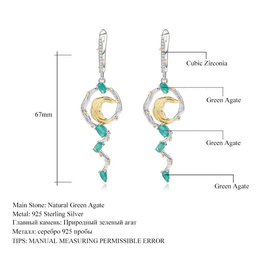 Secret Garden Designer Green Agate Earrings Natural Wind s925Sterling Silver Natural Gemstone Earrings