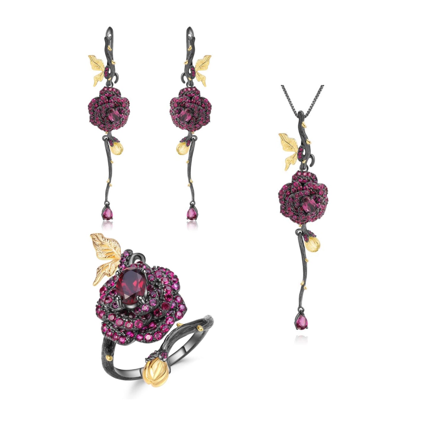 Secret Garden Rose Series Designer High-End Natural Gemstone Jewelry Set Rings, Earrings, Pendants