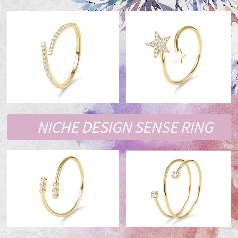 Niche High-Quality Open Ring s925Silver Inlaid Moissanite Ring Star Golden Dawn Series Small Ring Korean and Japanese Style