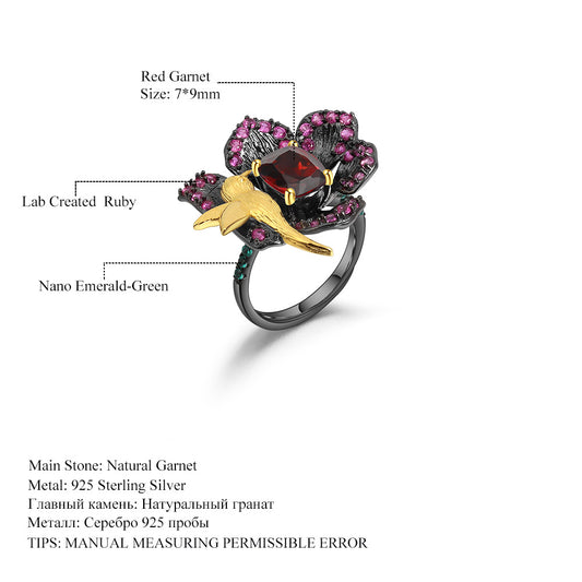 Secret Garden Designer Natural Gemstone Ring with Birds and Flowers Design925Silver Natural Amethyst Ring