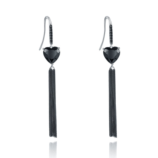 Designer Natural Gemstone Heart Tassel Earrings Sophisticated Design s925Silver and Black Onyx Earrings