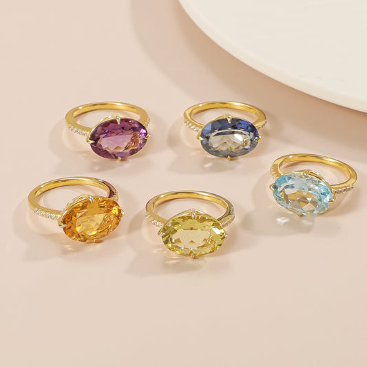 ins Rainbow Color Ring with Large Colorful Gemstones s925Sterling Silver Natural Topaz Crystal Ring
