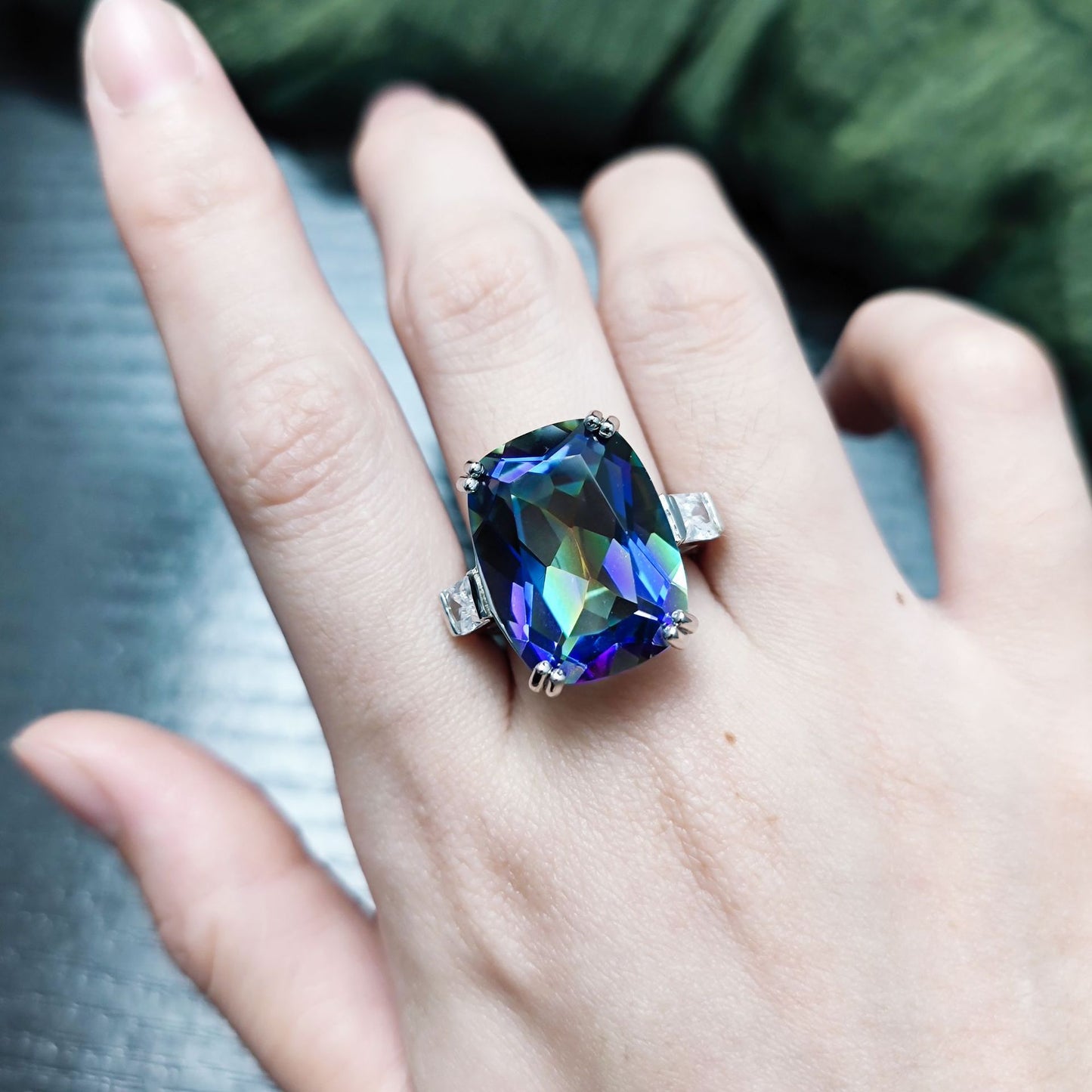 Wind17Carat Super Large Crystal Gemstone Ring Luxurious Personality s925Silver Inlaid Colorful Crystal Ring