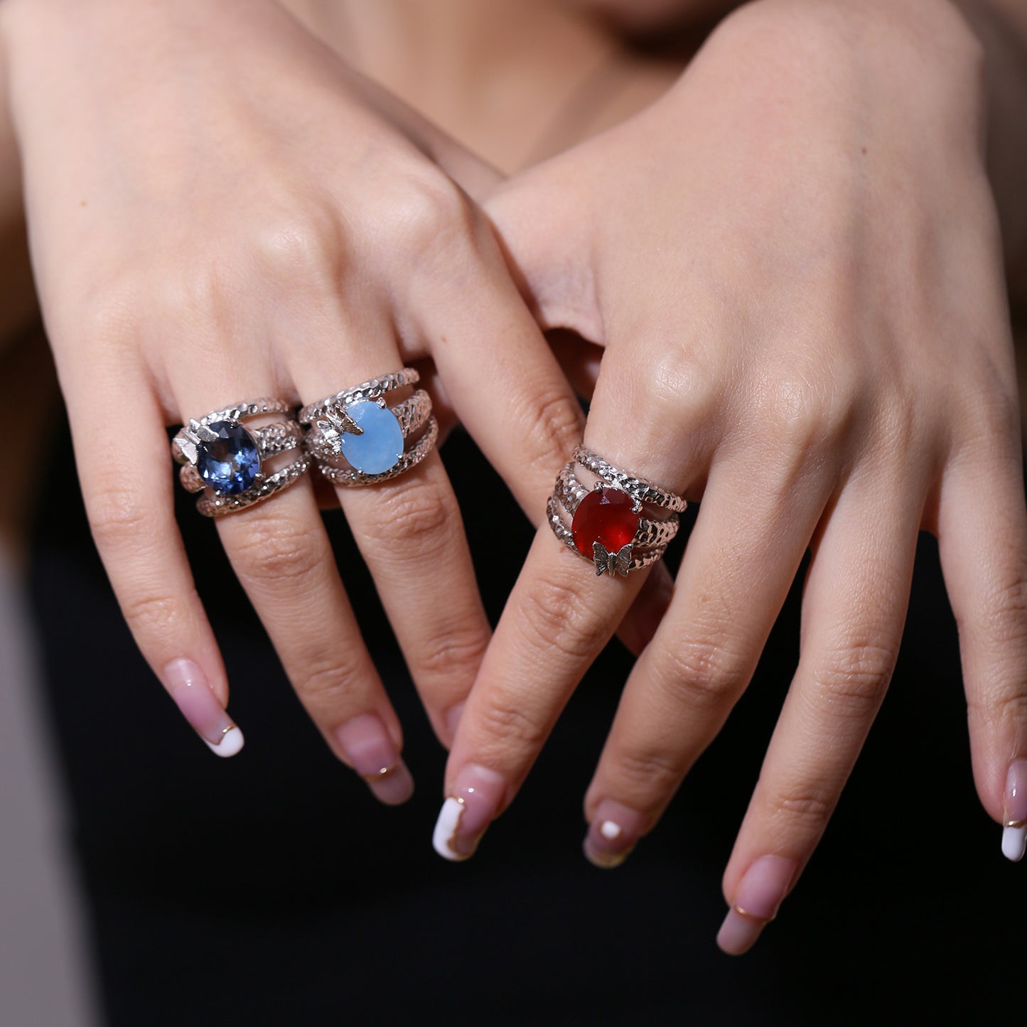 Red Agate Aquamarine Chalcedony Crystal Ring S925Sterling Silver Light Luxury Ring High-end Design Gemstone Jewelry for Men and Women