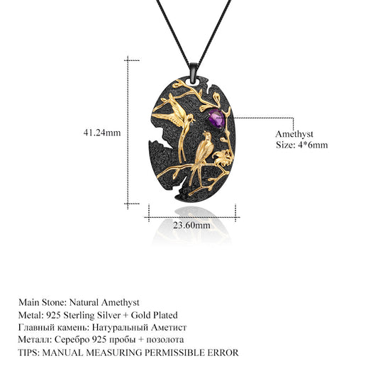 Designer High-End Chinese Style Pendant Magpie Design925Silver Color Electroplated Natural Amethyst Necklace Pendant