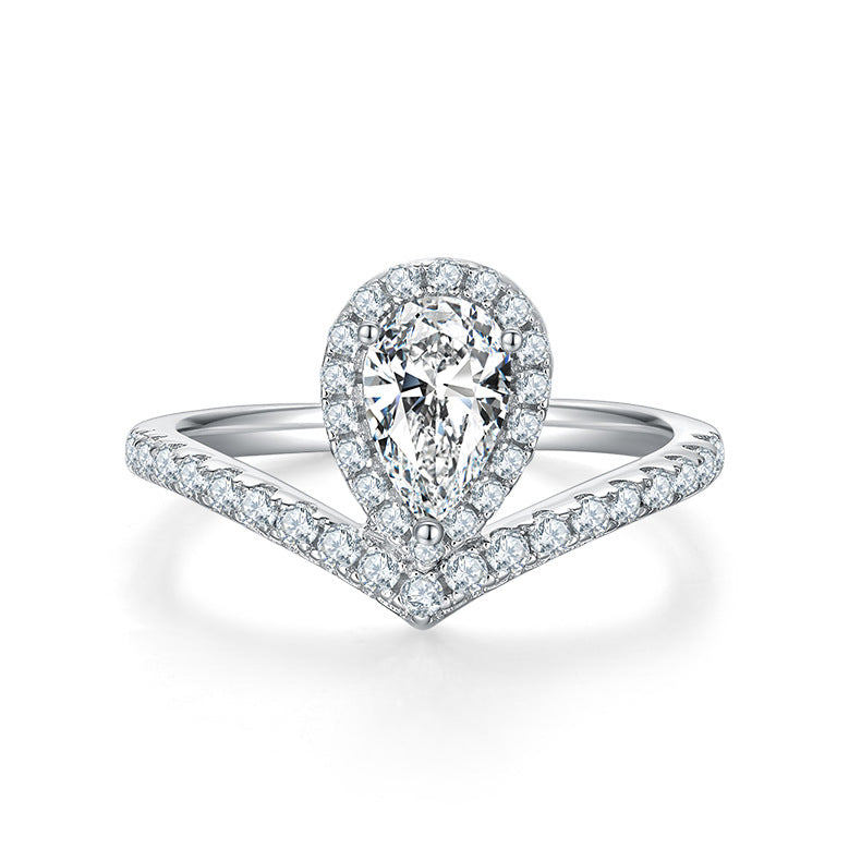 Fashion Crown Water Drop V Shaped Ring s925Silver1Carat Colorful Moissanite Ring Wholesale
