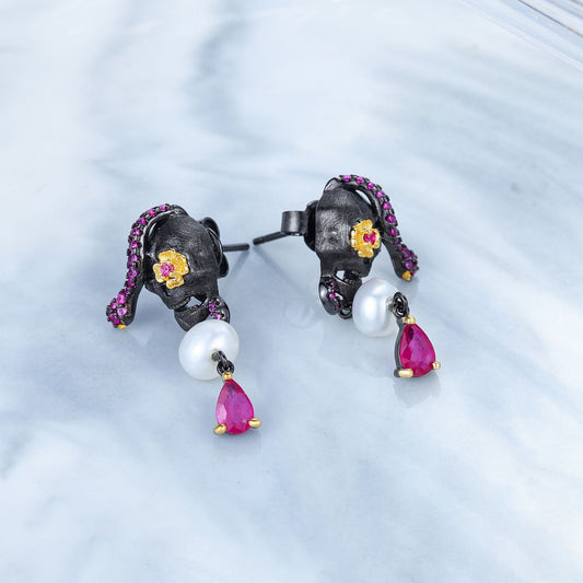 Freshwater Pearl Red Gemstone Earrings Trendy Niche Drop Earrings925Silver Dark Style Skull Earrings New Women's