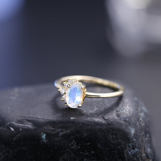 S925Sterling Silver Inlaid Natural Cream Blue Moonstone Ring Fashionable Personality Gold Ring In Stock