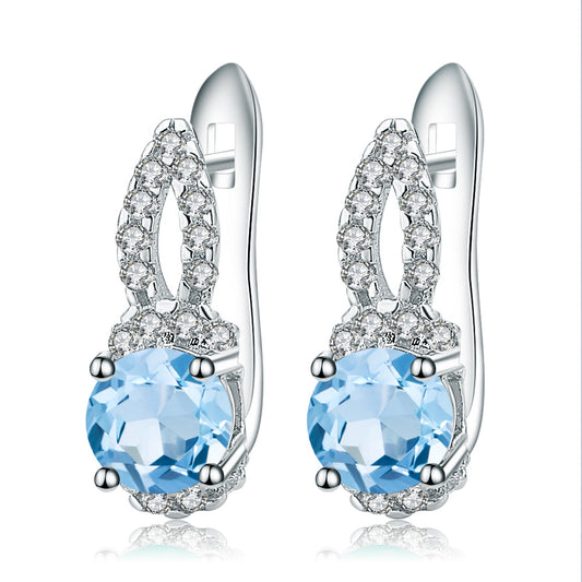 Fashion Natural Topaz Stud Earrings Earrings Light Luxury Personality s925Silver Inlaid Natural Sapphire Stud Earrings