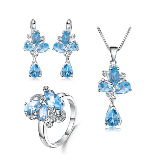 Natural Topaz Stone Personality Jewelry Set s925Silver Inlaid Gemstone Ring Necklace Earrings Three-Piece Set