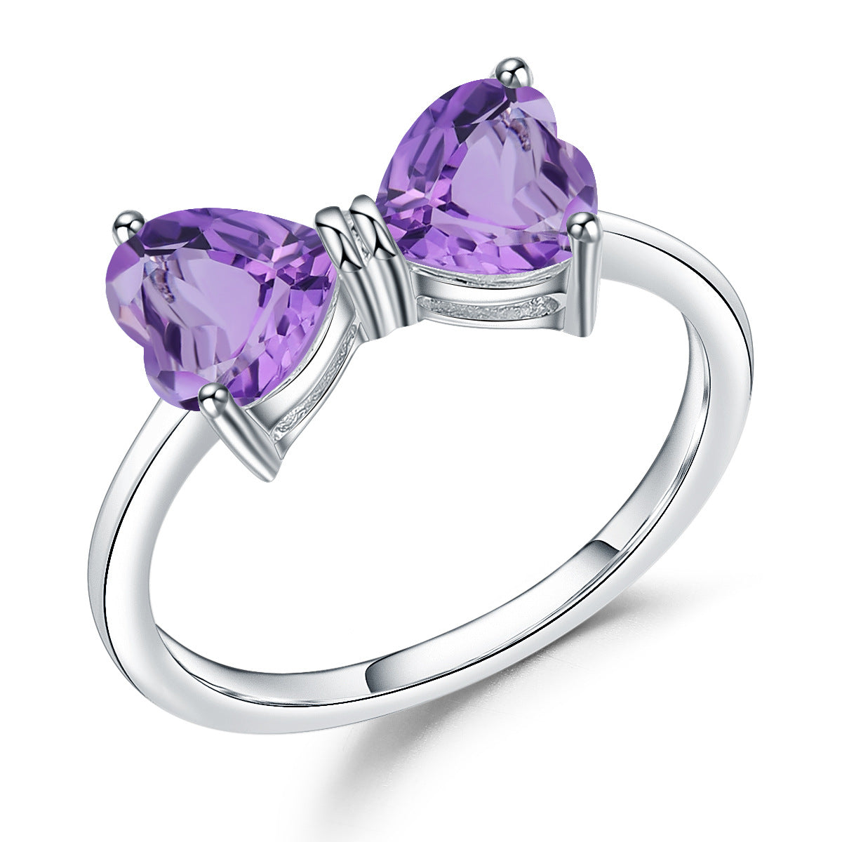 Heart Gemstone Bowknot Ring for Women Vintage Inlaid with Natural Stone s925Silver Amethyst Ring