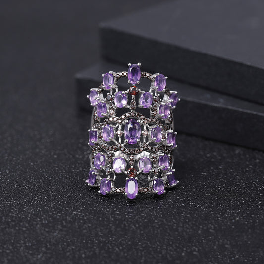 Luxurious and High-end Natural Amethyst Ring with a Sense of Design Prosperous Series s925Silver Inlaid Gemstone Ring