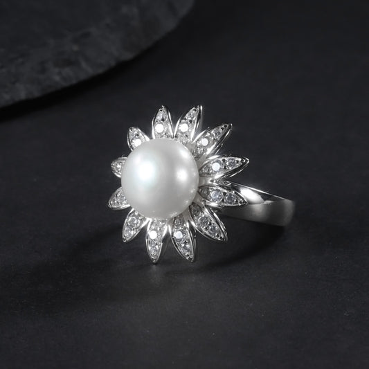 New S925Sterling Silver Natural Freshwater Pearl Ring Sunflower Design Luxurious Elegant High-end Ring