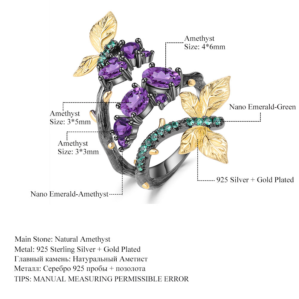 Secret Garden Series Designer Ring Natural Style Butterfly Design s925Silver Natural Amethyst Ring