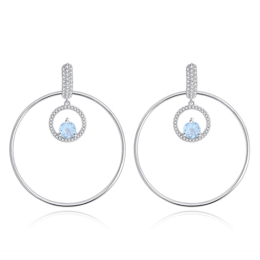Fashionable Large Circle Statement Earrings925Sterling Silver Inlaid Natural Amethyst Blue Gemstone Round Earrings