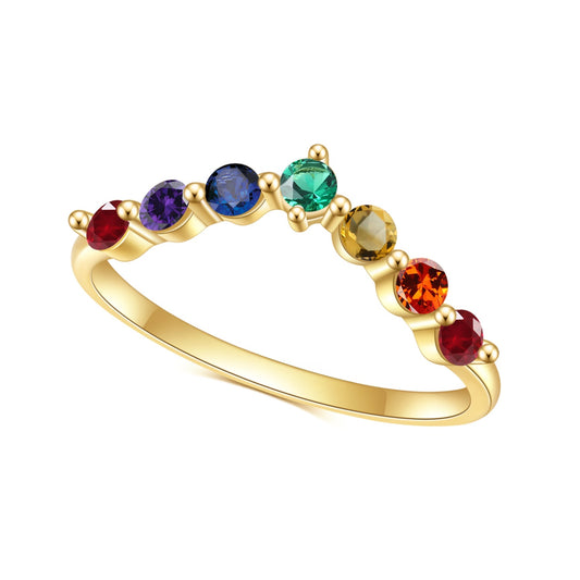 S925Sterling Silver Inlaid Colorful Gemstone Ring Fashionable and Simple Luxury Style V Character Ring Plating14k Gold ring
