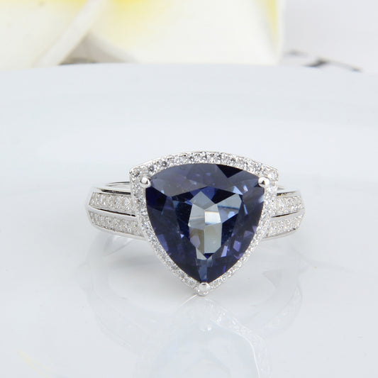 Luxurious Violet Blue Crystal Ring11*11mm Large Size Gemstones s925Silver Inlaid Colorful Gemstone Ring