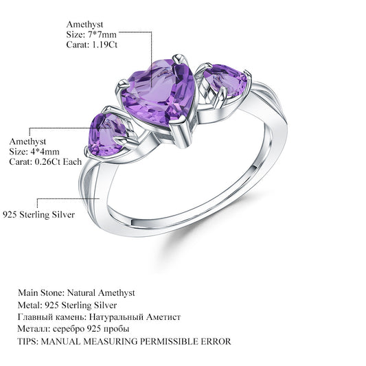 Natural Amethyst Ring for Women Luxurious and Sophisticated Heart Gemstone s925Silver Inlaid Natural Gemstone Ring