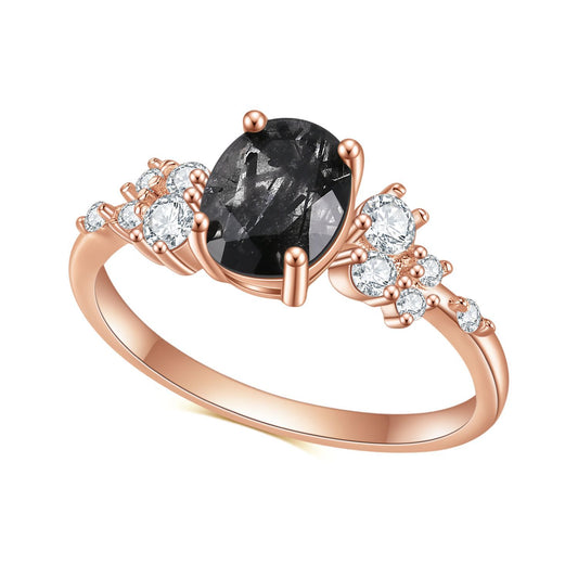 Jewelry S925Sterling Silver Inlaid Natural Black Rutilated Quartz Gemstone Fashionable Personality Light Luxury Temperament Rose Gold Ring
