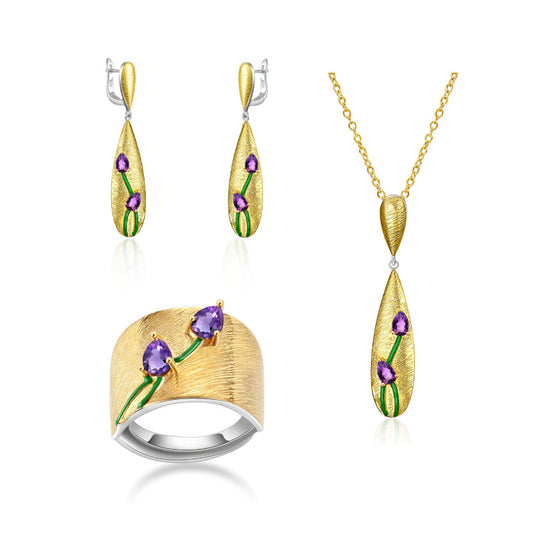 Custom Designer Natural Amethyst Jewelry Accessories Three-Piece Set 925Silver Inlaid High-end Jewelry Set