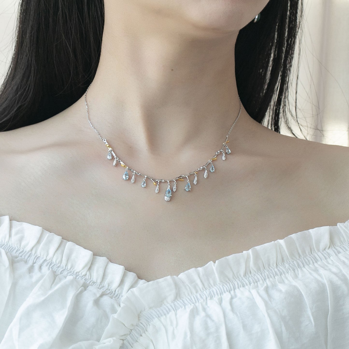 Designer Style High-End Gemstone Necklace Floral Branch Language Design s925Silver Natural Topaz Necklace