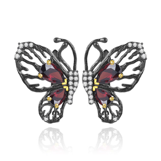 Designer Natural Garnet Earrings Butterfly Unique Design s925Sterling Silver Inlaid Gemstone Stud Earrings