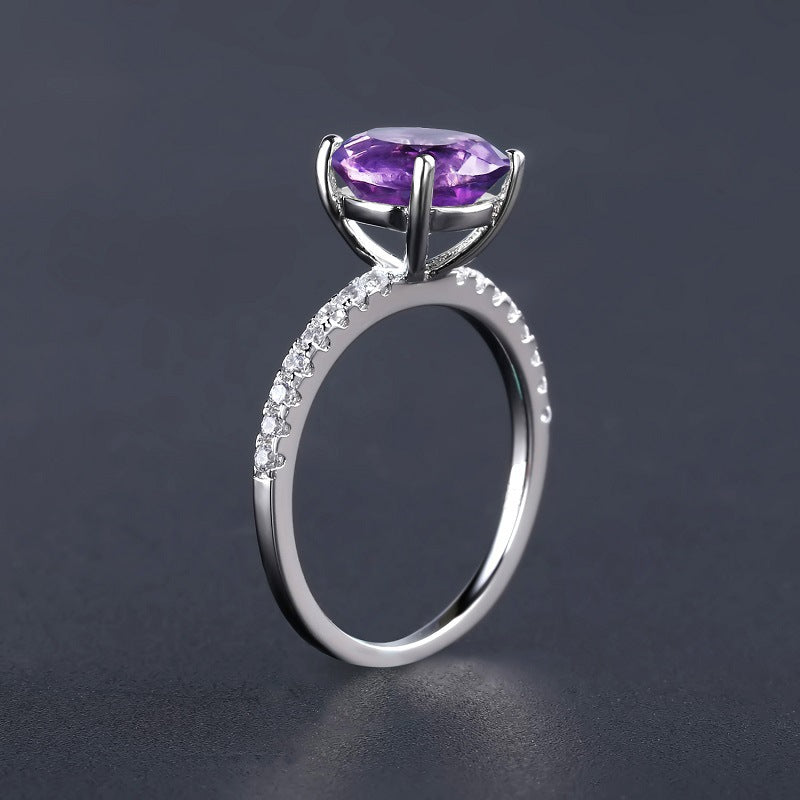 Fashionable Light Luxury Personality Gemstone Ring Seiko Inlaid with Natural Gemstone Amethyst s925Silver Rings Wholesale