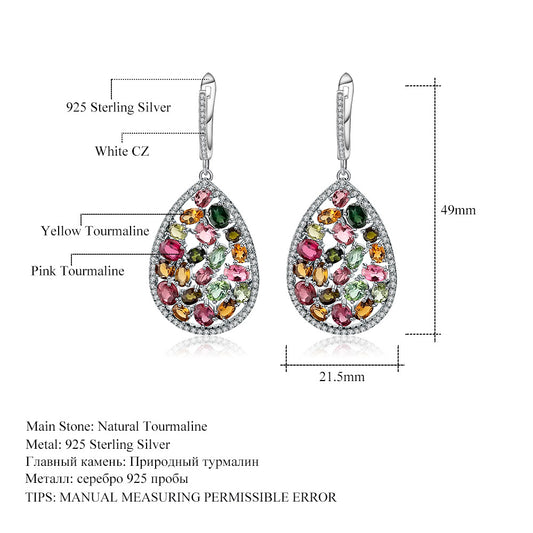 Jewelry Tourmaline s925Silver Earrings Retro Personality Colorful Gemstone Natural Crystal Earrings Jewelry