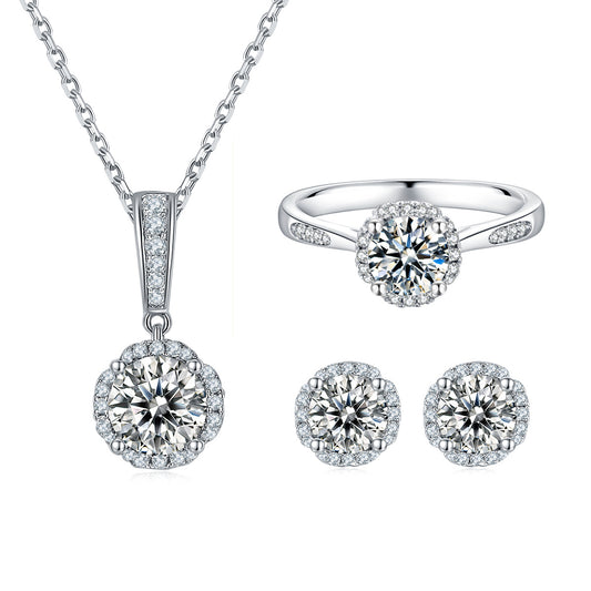 Earrings Necklace Two-Piece Set Korean Style Light Luxury s925Sterling Silver Inlaid1Carat Moissanite Jewelry Set