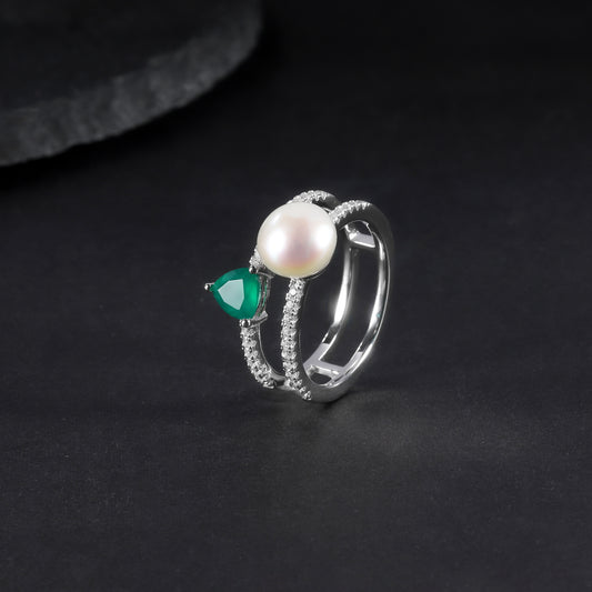 S925Sterling Silver Natural Freshwater Pearl Ring Fashionable Light Luxury High-end Inlaid Natural Green Agate Ring