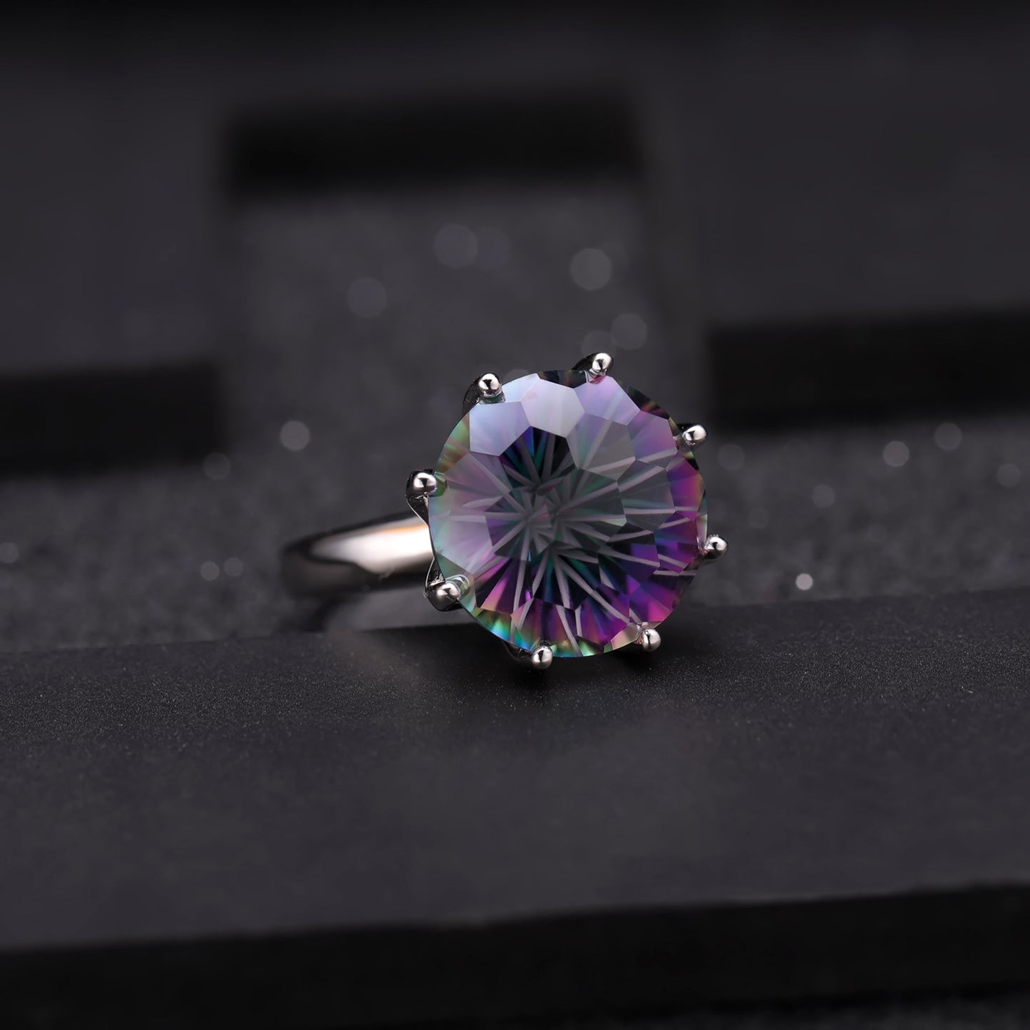 Luxury14*14mm Colorful Gemstone Ring Fashion High-End Sense s925Silver Inlaid Colorful Crystal Ring