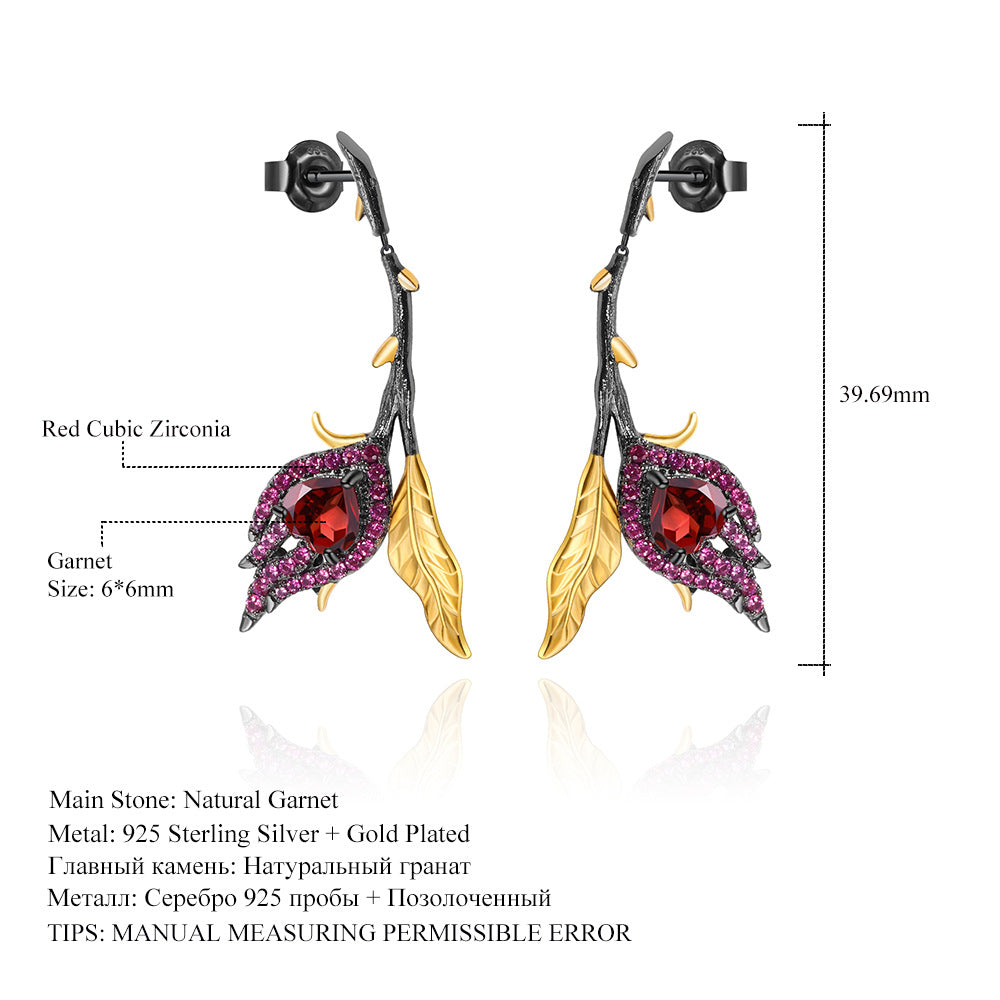 Designer High-End Floral Earrings Natural Style Design s925Silver Natural Garnet Stud Earrings