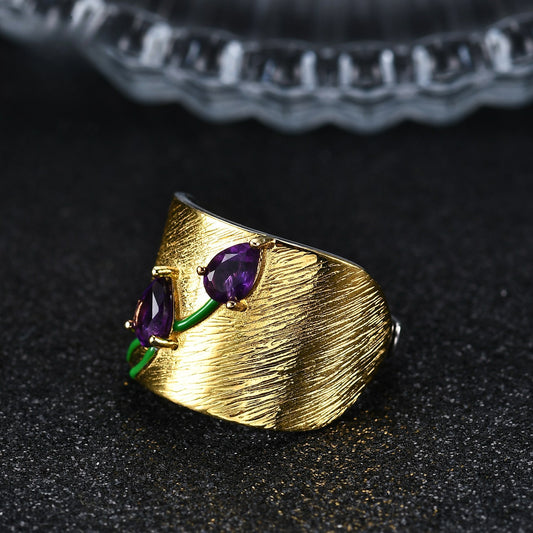 Italian Craft Jewelry Retro Style Designer Ring s925Silver Inlaid Natural Gemstone Amethyst Ring