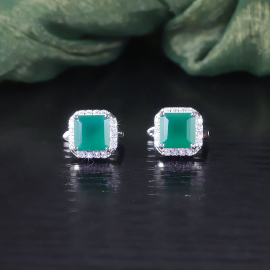 Vintage Elegant Gemstone Earrings s925Sterling Silver Inlaid Natural Green Chalcedony Stud Earrings Small Chanel Style Square Earrings