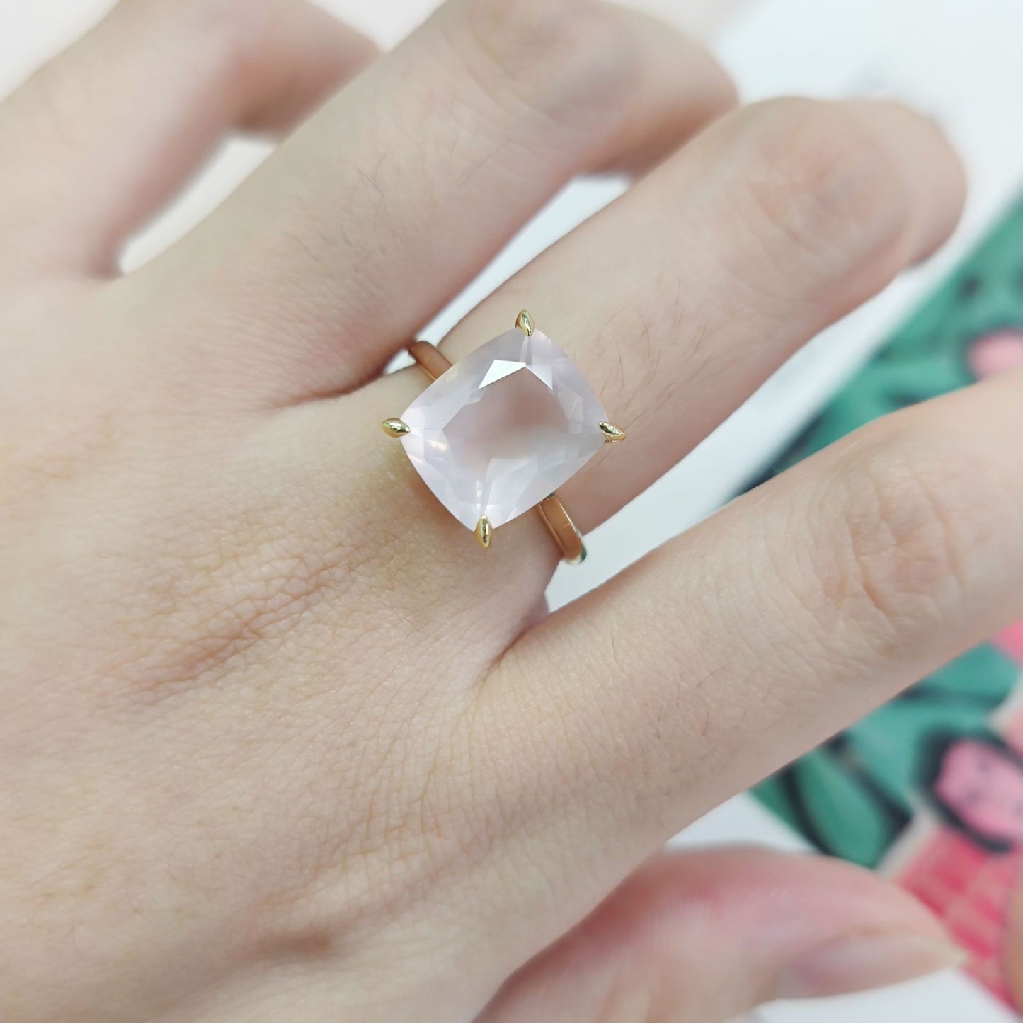 Oversized5Carat Ring s925Sterling Silver Inlaid Natural Pink Topaz Square Ring Thin