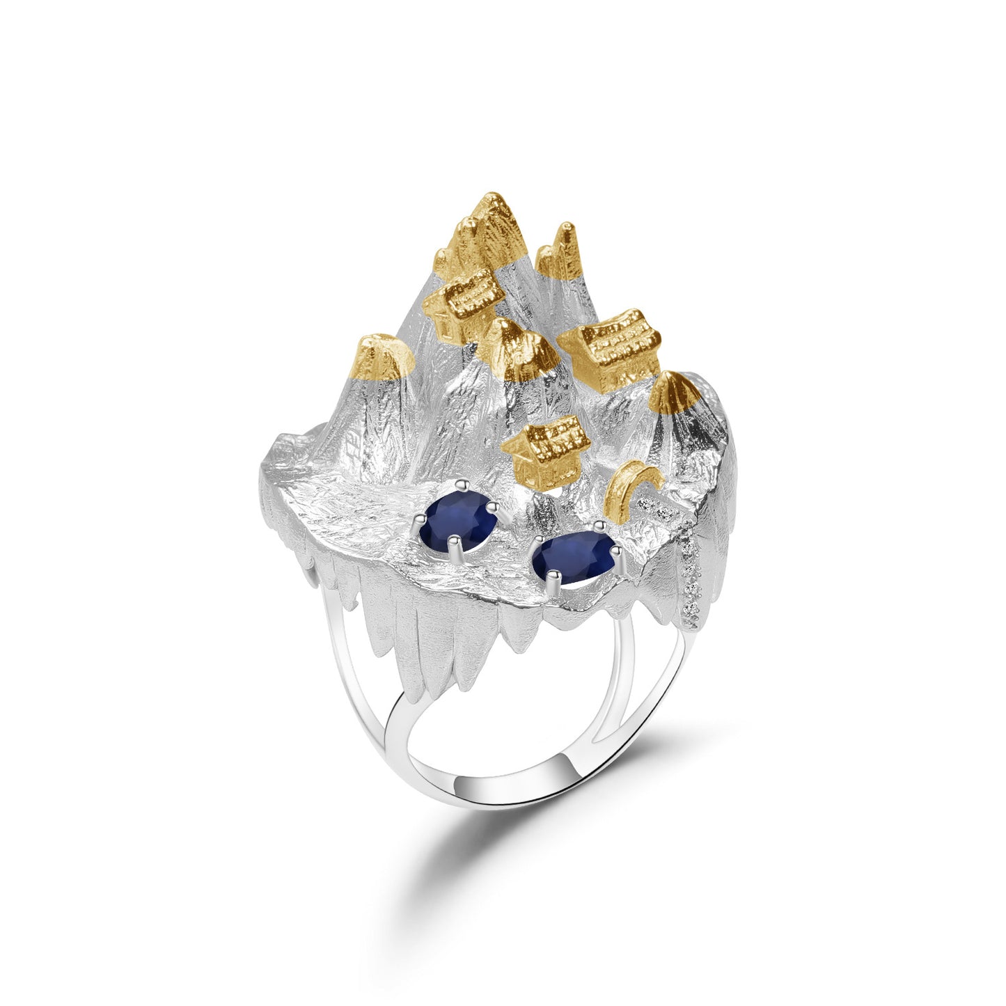 Designer Chinese Style Personality Ring Shan Hai Jing Series s925Silver Inlaid Natural Gemstone Ring Exaggerated