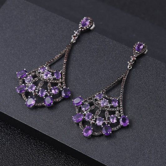 Luxurious and High-End Natural Amethyst Earrings with a Sense of Design Prosperous Series925Silver Inlaid Gemstone Stud Earrings